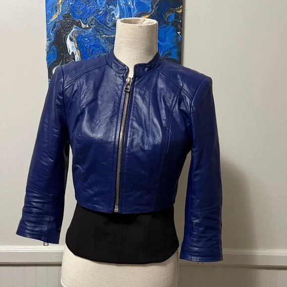 Bebe 100% leather crop Women's Blue Leather Jacket - Picture 2 of 13